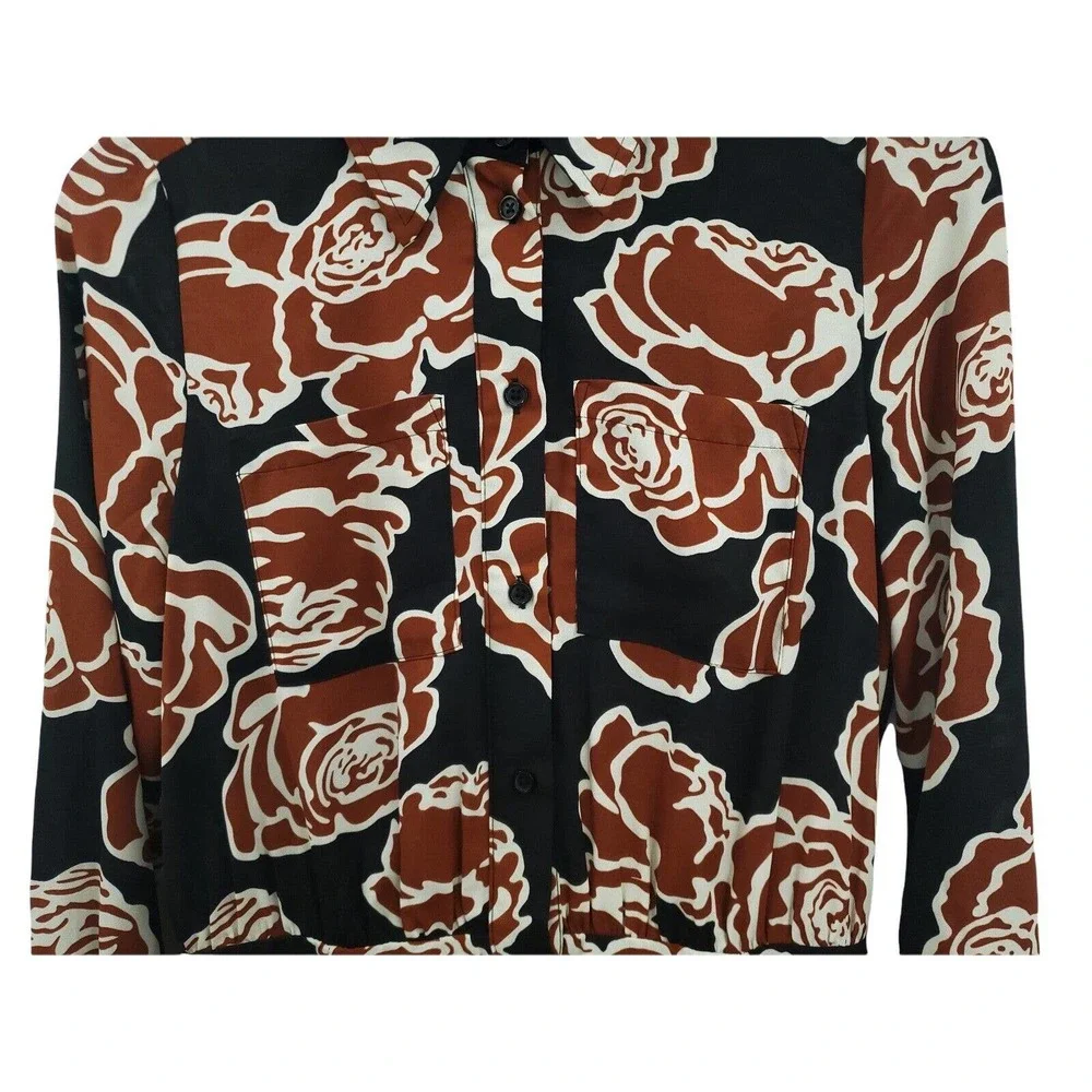 WHO WHAT WEAR WOMEN’S SIZE SMALL BLACK & BROWN BUTTON FRONT FLORAL DRESS - Picture 3 of 7